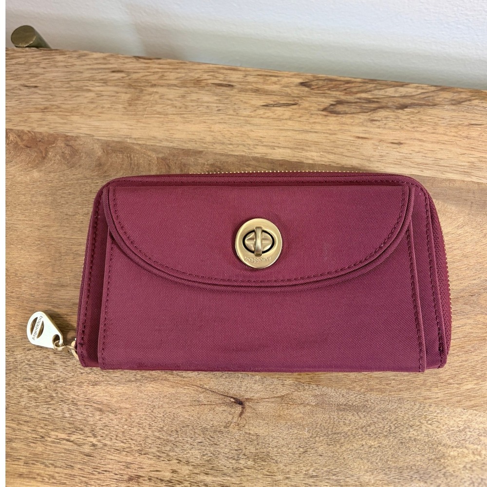 Baggallini Burgundy RFID Turnlock Zip Around Travel Wallet Organizer